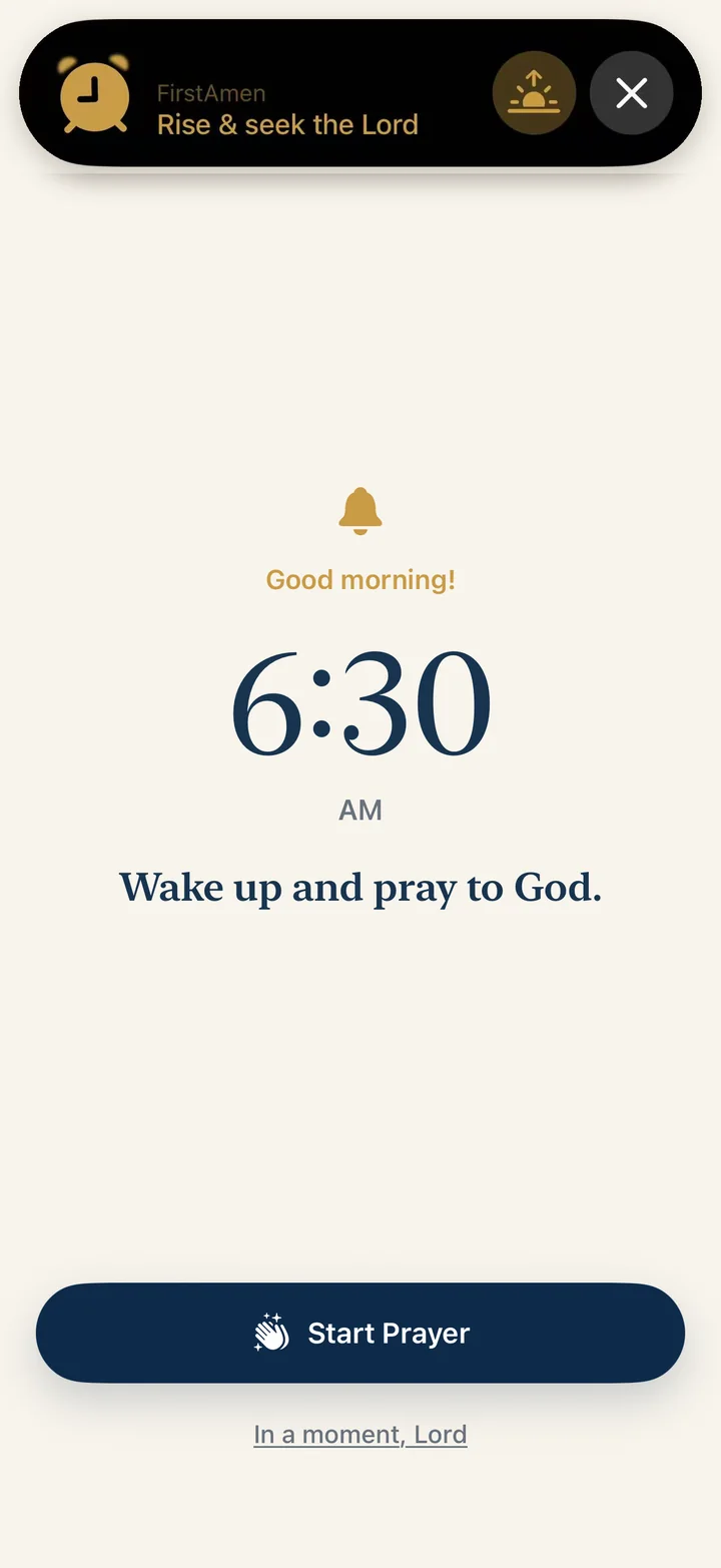 FirstAmen alarm screen: Wake up and pray to God, with a Start Prayer button