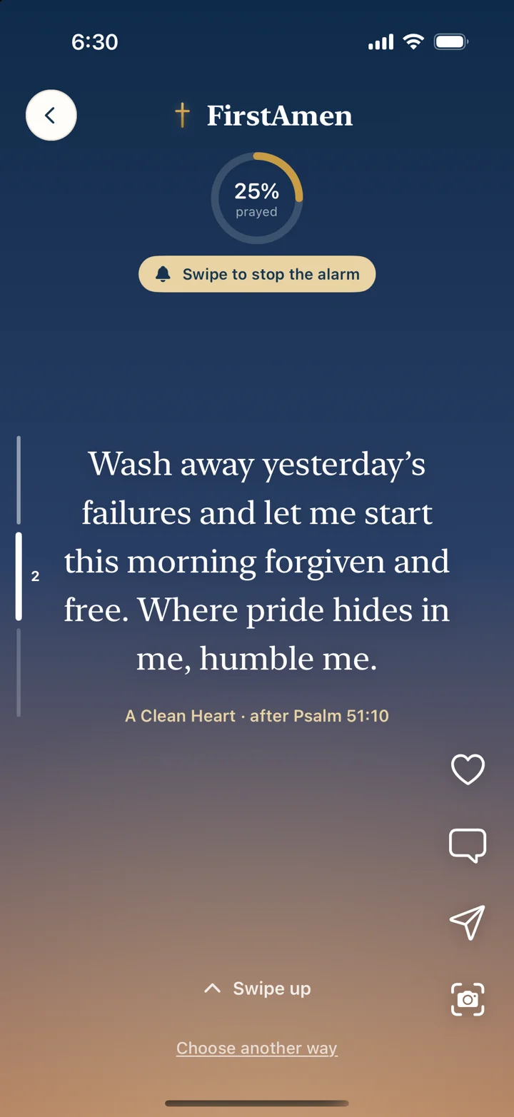FirstAmen swipe screen: the morning prayer as full-screen cards, swiped through to Amen